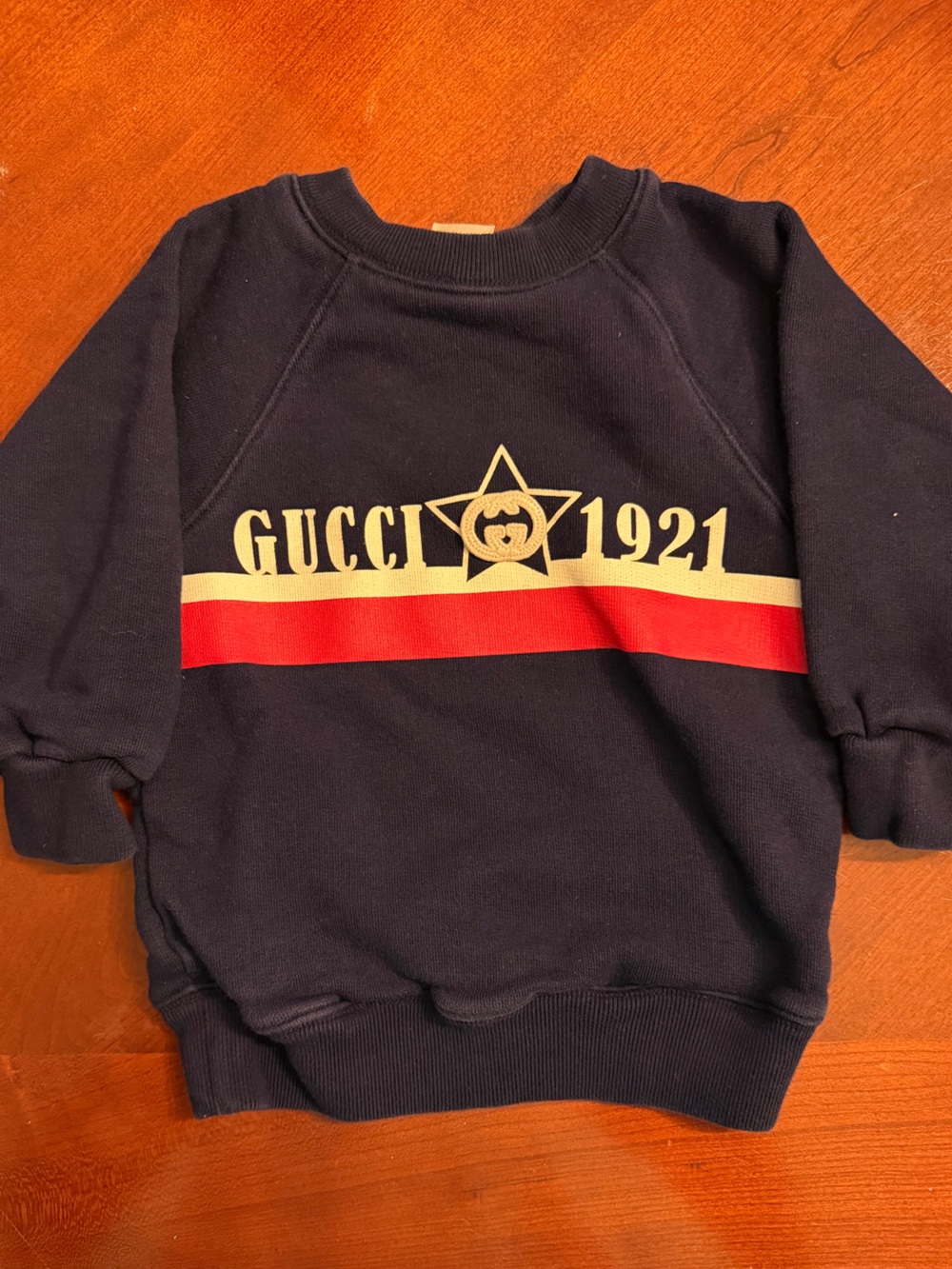 Gucci Navy Sweatshirt with Cream and Red Stripe '1921' Logo